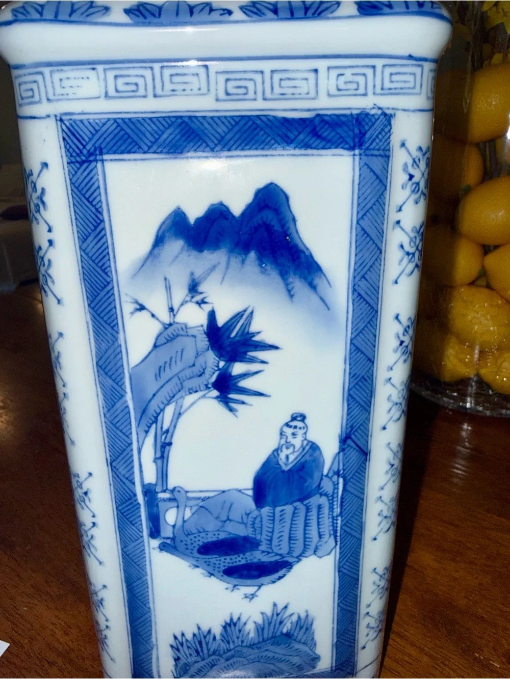 Vintage Chinoiserie Blue White Tall Vase Original Bombay Co Tag MINT Qianlong